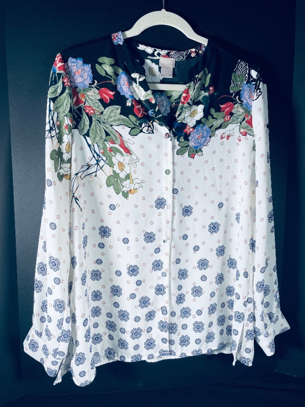 Chico's Floral & Polka Dot Border Print Button Down Blouse Size 1 Medium